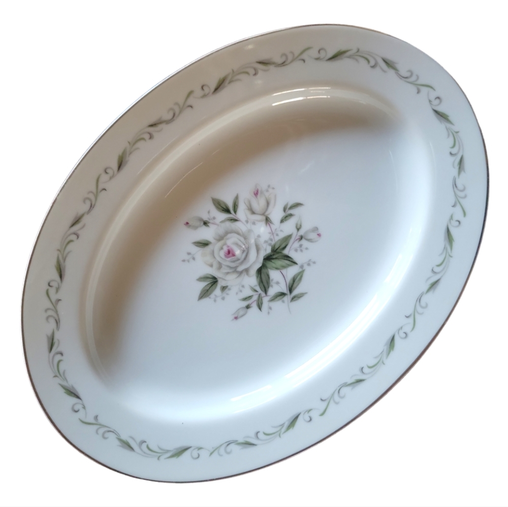 Vtg Serving Platter Romance Diamond China Pink Roses Platinum Rim Floral